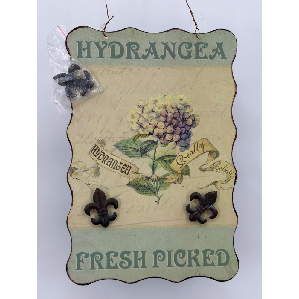 Vtg Hydrangea Botanical Wall Plaque Fleur De Lis Magnets Tin Metal Sign 12x8"